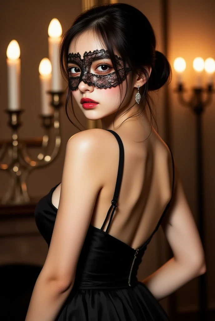 Create a full-body photo of a woman at a secret masquerade party. She is wearing an intricate Venetian mask and an elaborate costume, exuding elegance and mystery. Focus on her sophisticated appearance, highlighting her beautifully detailed eyes and lips. Ensure the face and features are meticulously detailed, with a complex mask design. The scene is set inside a bar with a modern interior and red lighting, creating a moody and enigmatic atmosphere. Use dramatic chiaroscuro lighting with rich shadows to enhance the cinematic quality. The lighting should be dim to emphasize the secretive feel. Ensure the image is of the highest quality, with 4k, 8k resolution, and a masterpiece level of detail. The style should be ultra-detailed, realistic, and photorealistic, with a rich, refined, and captivating color palette. Avoid including any cold masks or mouth masks in the design