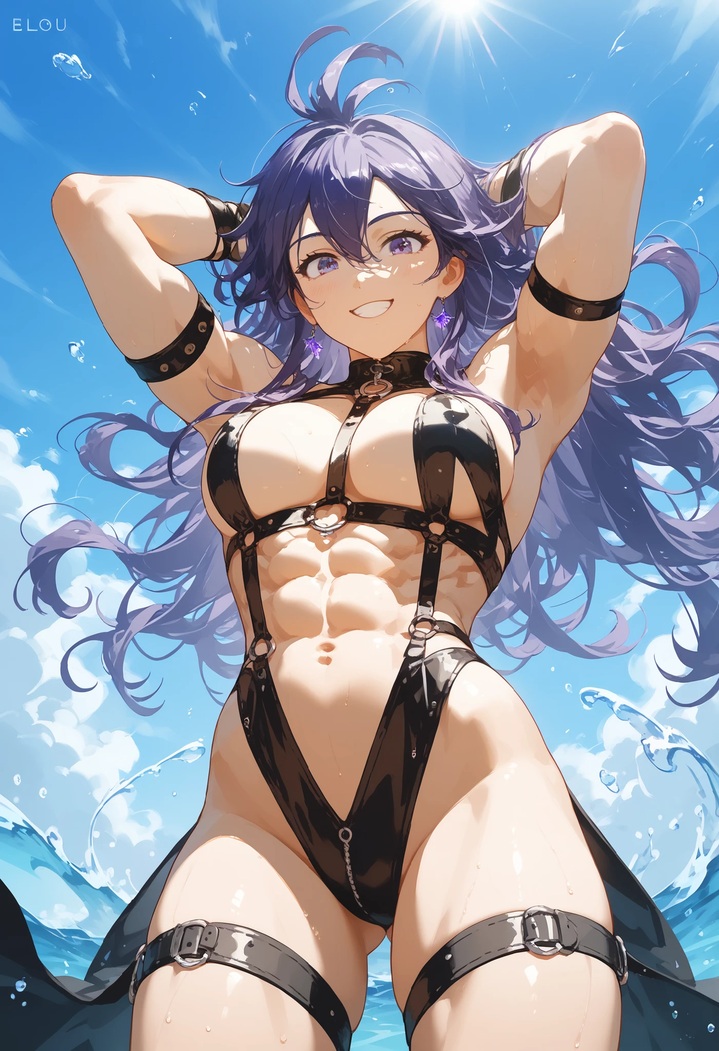 Furina from Genshin Impact), 1 girl, standing (on the beach), nails painted blue, (((arms on waist))), ((thong bikini)), (((muscular legs))), muscular belly , standing, barefoot, (short hair), medium breasts, eye reflection, glowing eyes, glowing eyes, evil smile, anime, anime style, cinematic lighting, glare, jpeg artifacts, glowing light, divine rays, ray tracing, panorama, Canon, UHD, masterpiece, textured skin, super detail, high details, best quality, high resolution, 16k