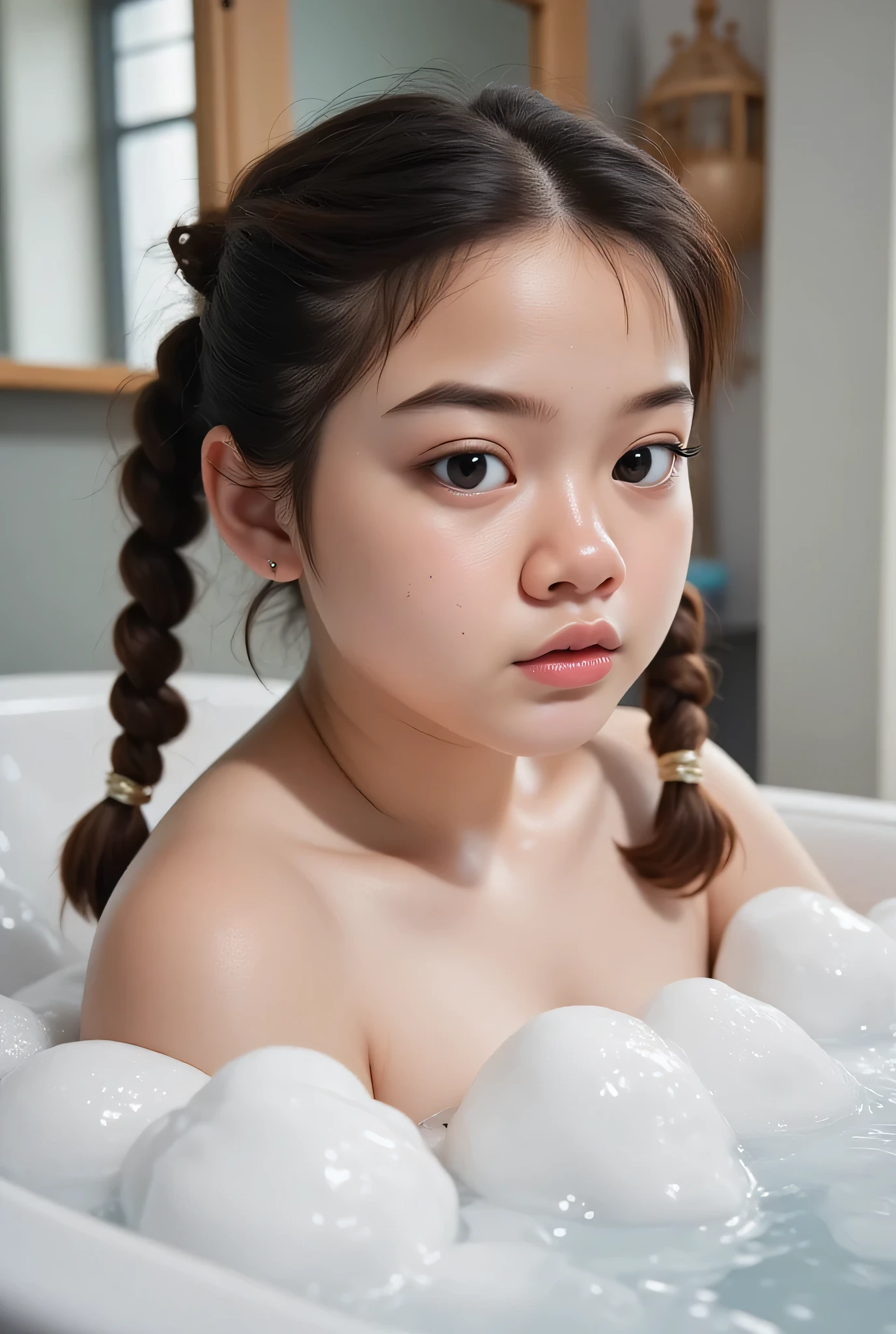 Chubby cheeks, chubby cheeks,The facial reaction is very gloomy and sad, CREATE ANIME CARTOON 3D PHOTO, "A highly realistic, ultra-detailed portrait of a woman relaxing in a bubble bath, captured in the best settings of a SONY A7R with a fast prime lens (f/1.8). The scene features a minimalist bathroom with soft, natural lighting, emphasizing the subject's smooth skin, delicate facial features, and the dynamic texture of the foam. Hyper-detailed textures, cinematic lighting, and a sharp focus create an immersive depth. 32K resolution, photorealistic rendering, skin pores and water droplets visible, ultra-sharp image, professional photography style." Wajah KELIHATAN muram Dan sedih, Two braids , chubby cheeks hairstyle Left and right