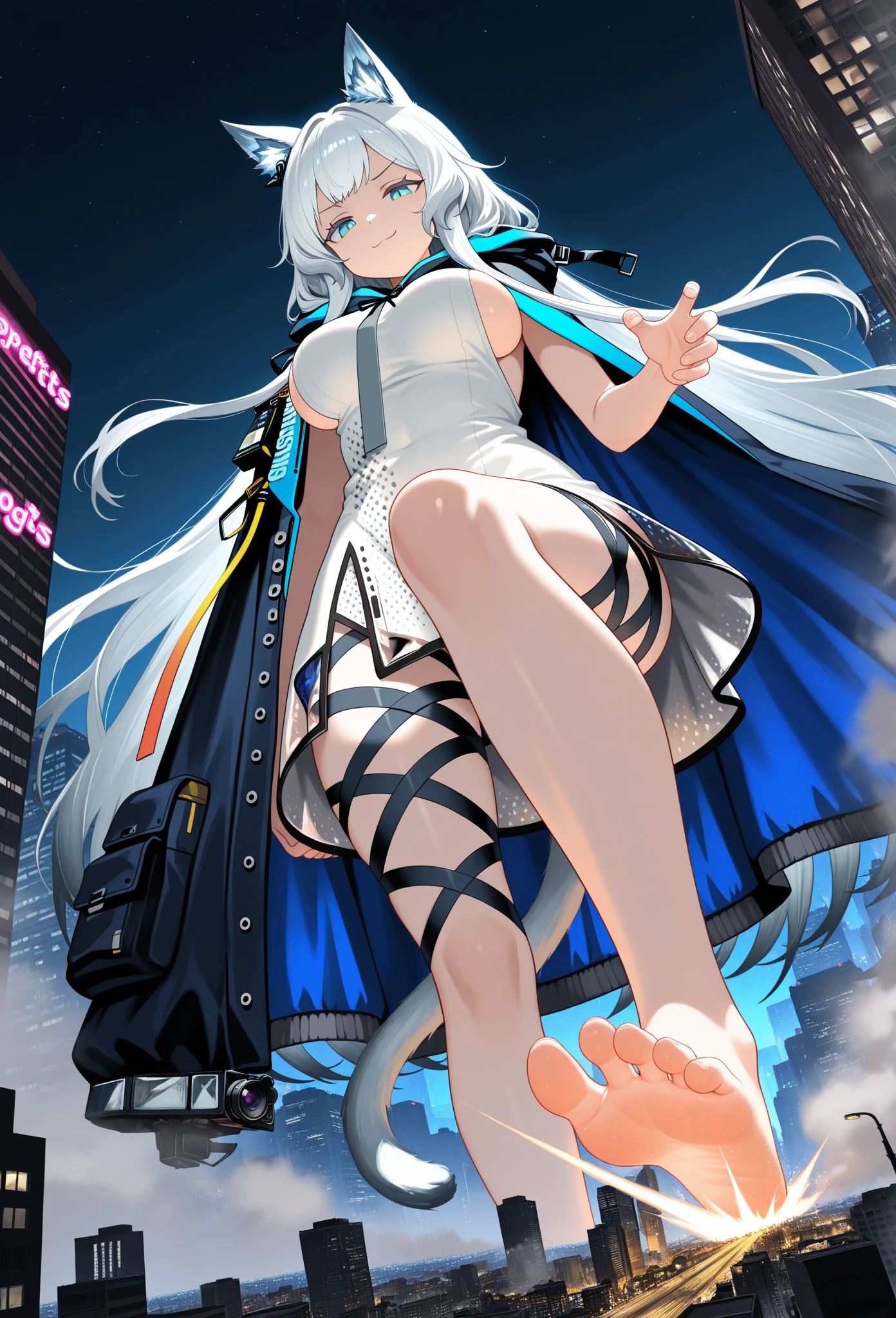 1girl, e7 Belian, outdoor, walking, city, full body, looking at viewer, smile, morning, blue sky, 9:49 AM