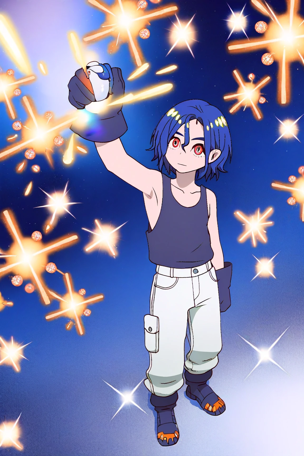 solo, 1boy, blue hair, taper fade, black eyes, red tank top, glitter particles, outdoors <lora:harada_takehito_Disgaea_style_v01:1>
