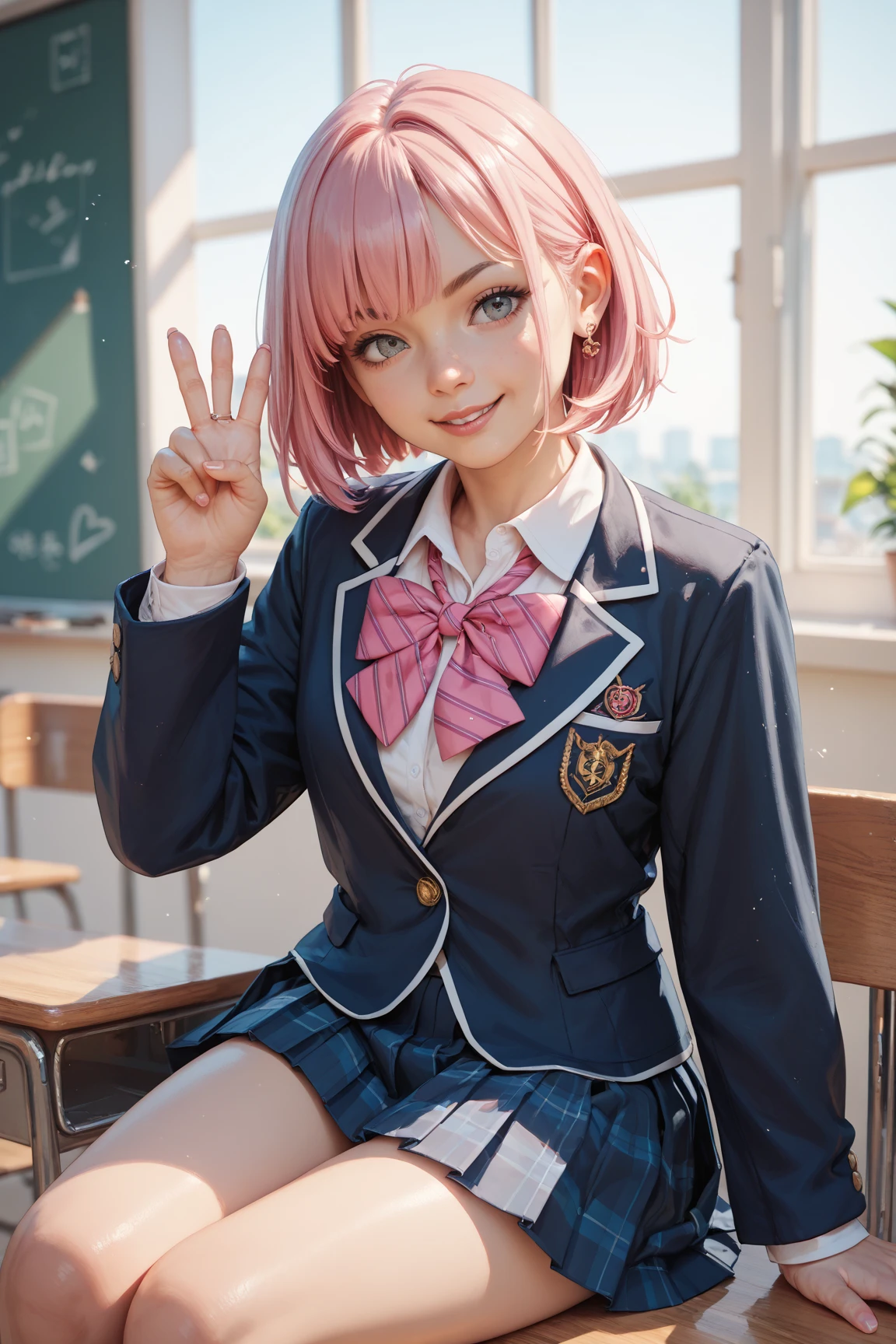 high quality, detailed,girl,(very wet uniform, blazer uniform),a mole under the eye,(bob hair,bob hair),plaid skirt,(tounge out),(blushing:1.3),smile,orgasm,???????,smaller breasts,sit on the desk,overknee socks,Saliva,whole body