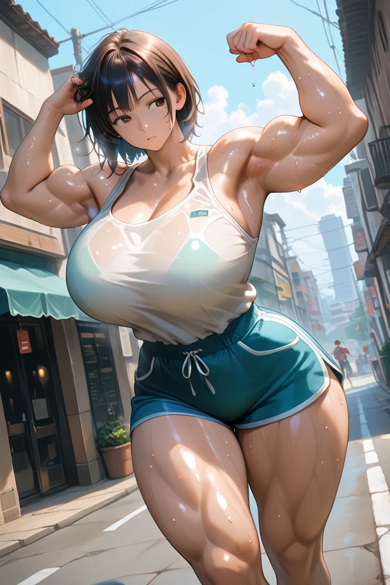 detailed, masterpiece,realistic,(detailed face and eyes, beautiful eyes), shiny eyes,(an extremely delicate and beautiful) 1girl,LeonaMS,mature woman, giant breasts, giant ass, very curvy, full lips, seductive, smiling, mini skirt, bimbo, thick thighs, curvy physique, large breasts, blurry, blurry background, ((((huge muscles))))