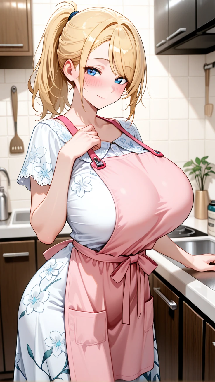 Score_9, score_8_up, BREAK rumi, light brown hair, pink hair ribbons, orange eyes, middle bangs, shoulder length hair, twintails, 1girl, solo, solo focus, (huge breasts:1.3), areola slip, thick thighs, young girl, standing, naked apron, covered navel, pink apron, sideboobs, smile, open mouth, flustered, looking at viewer, half opened eyes, blush, cowboy shot, kitchen, standing