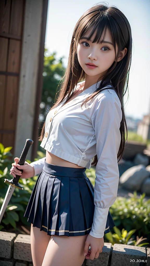 ((Battle Royale in the ruins of the city)), ((Sailor suits and pleated skirts)), (((Holding a dual sword))), Shingen-ryu Secret Stance, (beautiful girl, Baby Face:1.3, Idol Face), (Small and slender figure), (Slender body line), (Beautiful breasts), Small beautiful butt, (Highest quality, 8K, masterpiece:1.2), (Detailed eyes and face:1.3), (Detailed hands), (Reality:1.4), (Professional photography techniques, Cinema Lighting), (View the viewer:1.3), ((Desperate look)), (Ultra-detailed double-edged sword geometry), (Perfect Anatomy:1.3)