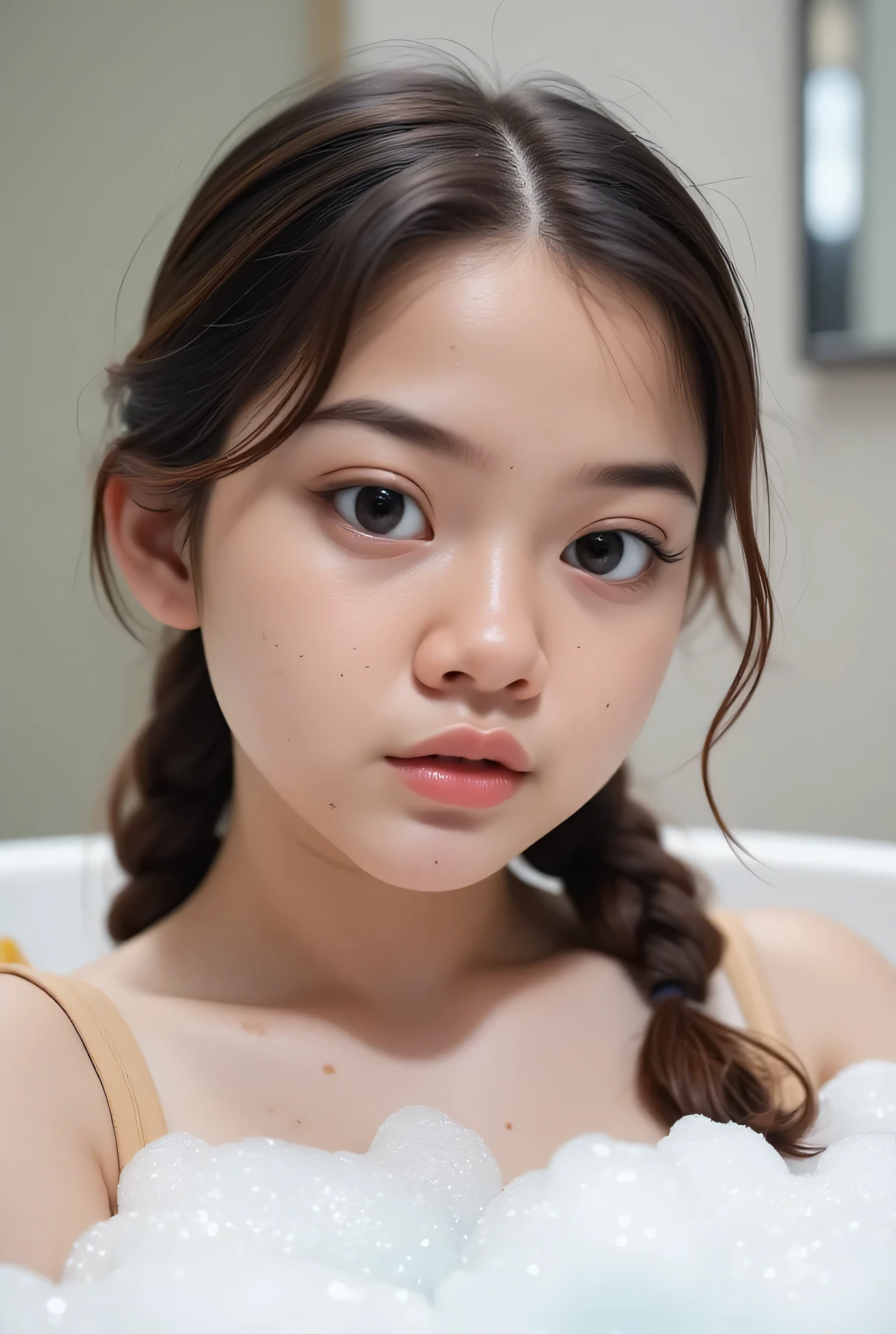 Chubby cheeks, chubby cheeks,The facial reaction is very gloomy and sad, CREATE ANIME CARTOON 3D PHOTO, "A highly realistic, ultra-detailed portrait of a woman relaxing in a bubble bath, captured in the best settings of a SONY A7R with a fast prime lens (f/1.8). The scene features a minimalist bathroom with soft, natural lighting, emphasizing the subject's smooth skin, delicate facial features, and the dynamic texture of the foam. Hyper-detailed textures, cinematic lighting, and a sharp focus create an immersive depth. 32K resolution, photorealistic rendering, skin pores and water droplets visible, ultra-sharp image, professional photography style." Wajah KELIHATAN muram Dan sedih, Two braids , chubby cheeks hairstyle Left and right