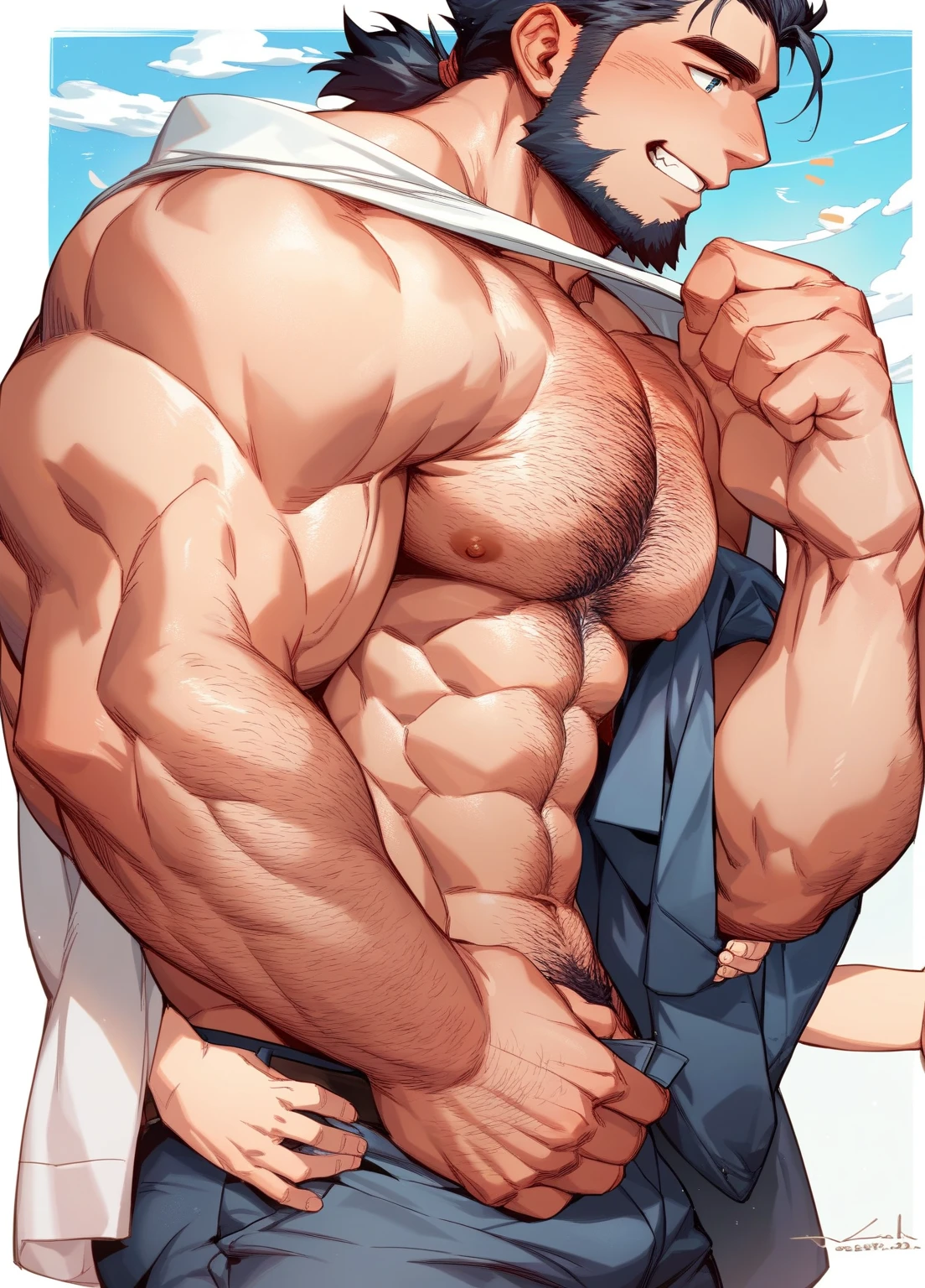 1boy, very tall man, sidepec, muscular male, muscular, bara, full body, solo, looking to the side, annoyed, mature male, short hair, beard stubble, undercut, stubble, (uzumaki_naruto:1.5), blonde_hair, spiked_hair, blue eyes, parted lips, white background, simple background, best quality, amazing quality, best aesthetic, absurdres, year 2023, big muscle, strong waist, huge biceps, huge pectorals, very tall, thick thigh, large hands, hyper muscle, brown skin, abs, nsfw, huge penis, cum, projectile cum, naked, nude, steam sweat, hairy, girthy penis, sparse chest hair, strongman waist
