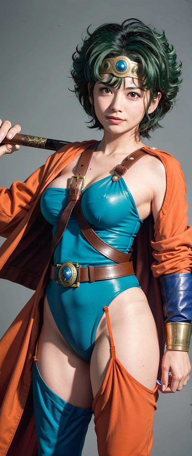  masterpiece,highest quality, Unreal Engine, Ultra-high resolution, Very detailed美しい胸, Small breasts, Beautiful cherry-colored areola、Erect nipples、Shaven、1 person,  Waist, thin,
 heroine, 
Circlet, Curly Hair, Green Hair, short hair, Asymmetrical clothing, leotard, belt, One-handed gloves, One sleeve, Single thigh high cave, Holding a sword,, Key Visual, Vibrant、 Very detailed、smile、She is undressed and exposing her breasts、Exposing the genitals、Take off your leotard and expose your breasts、Exposing her breasts