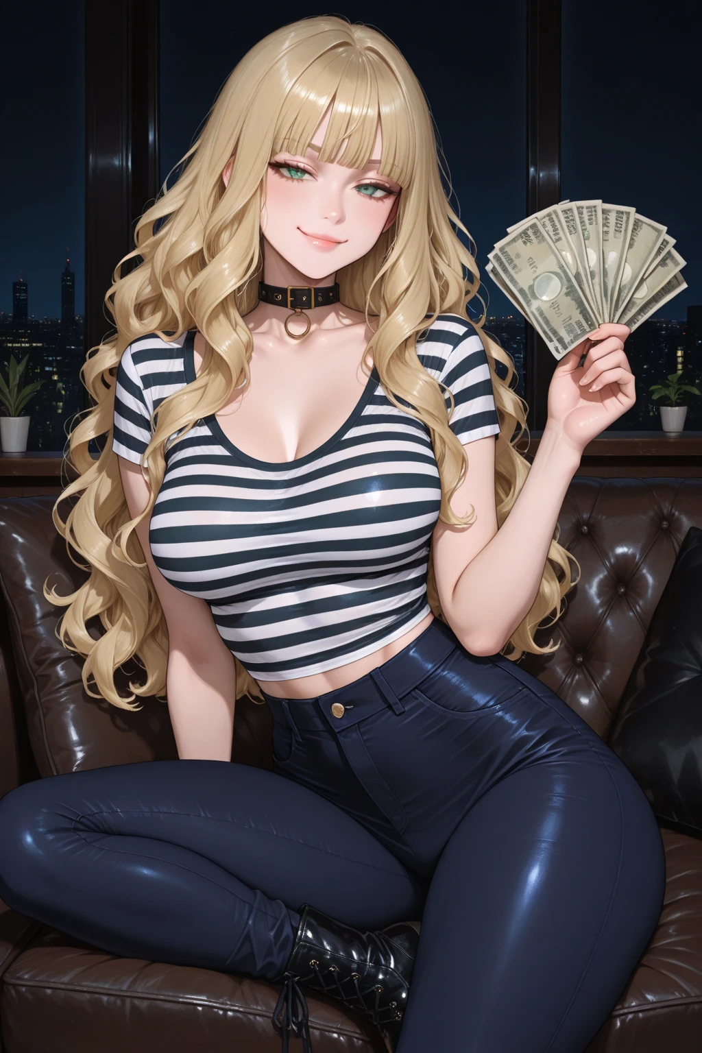 (front focus、perfect anatomy:1.5)、(Super detailed、16K quality、immature、real skin: 1.6)、hyper realist、Photoreal.cinematic lighting、highly detailed face、1 beautiful thai girl、 （Beautiful 14 year old half Thai/japanese girl、24-years-old、laugh together:1.hantom thief cat&#39;s eye（phantom thief eye mask、romanesque mask:2.0）（blonde and gold hair color、big slit eyes、eye shadow、eyeliner、blue eyes:1.5）blonde、long flashy gal makeup、cat ear headband（unbalanced chest、big :1.4）sunburn、eyeliner、red lips.break lack cat eye mask、（Close-fitting black and gold leather catsuit、body stockings.sexy costume:1.2）(fur short jacket:1.5)have cleavage, break、(A lot of dollar bills are falling down:1.8)(Building rooftop at night、light shines、Moonlight shines:1.4)full body