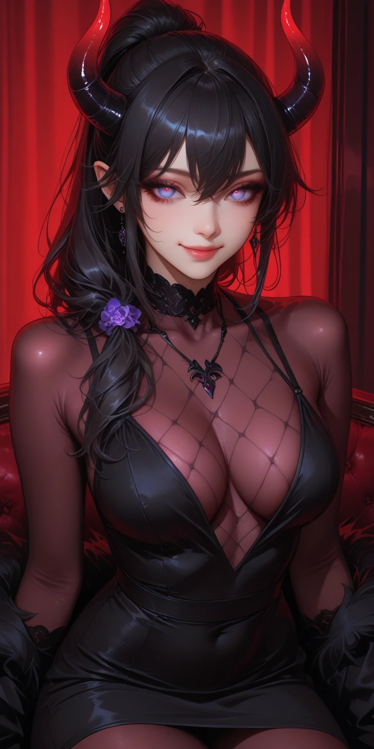 1girl, (masterpiece), best quality, cute outfit, bows and ribbons, (SHARP details), 4k, highly detailed, expressive eyes, SHARP detail expressive eyes, (SHARP detail perfect face), (dog ears), dog girl), black hair,(shiny lipstick) (purple eyes), medium length hair, detailed face, medium breasts, long eyelashes, mature, (smirk, closed lips, big plump lips, eyeshadow) shiny skin, beautiful eyes,(detailed eyes, sharp eyes, clear pupils:0.8), wispy bangs, naughty look, butt, thighs, cleavage