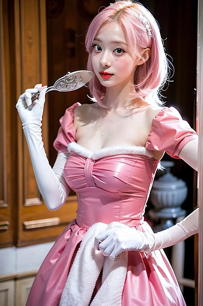(ultra-detailed eyes), (((textile shading))), (((best quality))), (((masterpiece))), (((ultra-detailed CG))), depth of field, 21age, (((magical girl))), (petite), (medium breasts), pink hair, ((short hair)), pink eyes, (((pink satin dress, sleeveless satin dress))), pink satin skirt, pleated skirt, ((elbow gloves)), long gloves, white satin gloves, white garter belt, white satin knee socks, white satin collor, breast pink satin ribbon, (((ultra-detailed ultra-shiny smooth satin clothes))), (((ultra-shiny smooth satin gloves))), (((game CG))), ((night sky, old ruins)), ((heavy lotion rain)), ((narrow passage)), (bravely, angry, fighting), (((slimy clear lotion))), (((heavy lotion wet clothes))), (((slimy clear lotion coating clothes))), (((slimy clear lotion on clothes))), standing, pussy and breasts focus