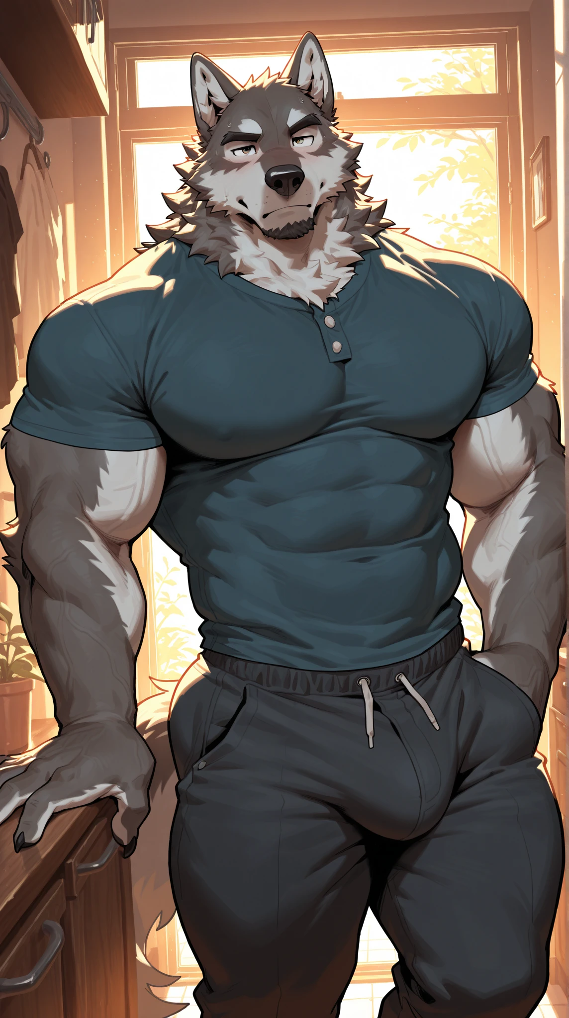 burly virile hairy man, with two wolf ears and a bushy tail, in a suit of armor, middle-aged, hirsute, overmuscular and musclebound, bulging veiny muscles, a warrior's build, a bodybuilder's physique, long bushy and a thick mustache, a square jaw, handsome and dreamy, grey hair, a king on his throne, in regal clothing