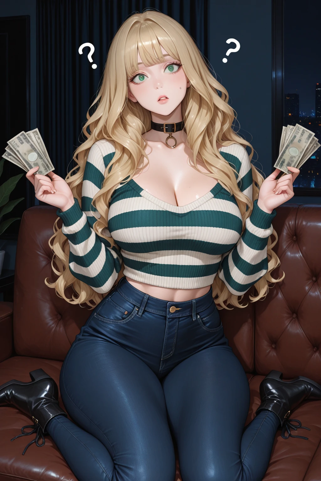 1 girl, yellow hair, long hair, big lips, yellow eyes, huge breasts, blush, blush on nose, open abdomen, focused portrait, horrible thighs, high thighs, wide hips, narrow waist , hourglass figure, silly,,bratty, thick thighs, cardigan, standing, shopping mall, bow tie, earrings, shop, pink theme, sweater, midriff, pleated skirt, smile, midshot, pov money, ((pov holding money)), holding, money, faceless male handing over money
