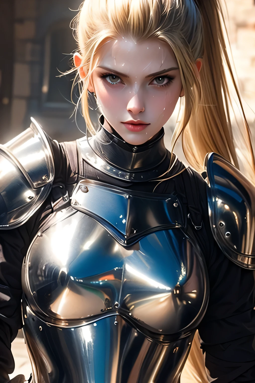((best quality: 1.5)) ((masterpiece: 0.8)), intricate details, sharp focus, professional, ((solo, 1girl) athletic cleric, (suntanned, dark skin, mysterious expression)), bright glow, dynamic pose, gorgeous, contoured shading, dark room, dark background, black background, solo, BREAK; BREAK ((smirking, ((long straight blonde hair, ponytail, portrait)), iceblue eyes)), ((freckles: 0.9)), ((fujicolor)), BREAK; BREAK ((((medieval (beige chrome paladin armor:1.8 (gold rivets))), photorealistic:1.4, hyper-realistic, professional lighting, photon mapping, radiosity, physically based rendering, ultra resolution, hyper-realistic, metal reflections)))