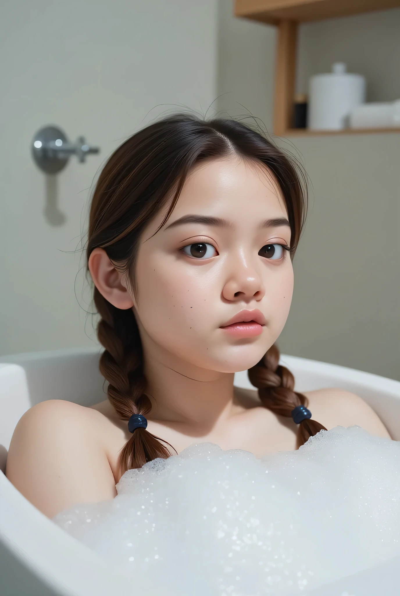 Chubby cheeks, chubby cheeks,The facial reaction is very gloomy and sad, CREATE ANIME CARTOON 3D PHOTO, "A highly realistic, ultra-detailed portrait of a woman relaxing in a bubble bath, captured in the best settings of a SONY A7R with a fast prime lens (f/1.8). The scene features a minimalist bathroom with soft, natural lighting, emphasizing the subject's smooth skin, delicate facial features, and the dynamic texture of the foam. Hyper-detailed textures, cinematic lighting, and a sharp focus create an immersive depth. 32K resolution, photorealistic rendering, skin pores and water droplets visible, ultra-sharp image, professional photography style." Wajah KELIHATAN muram Dan sedih, Two braids , chubby cheeks hairstyle Left and right