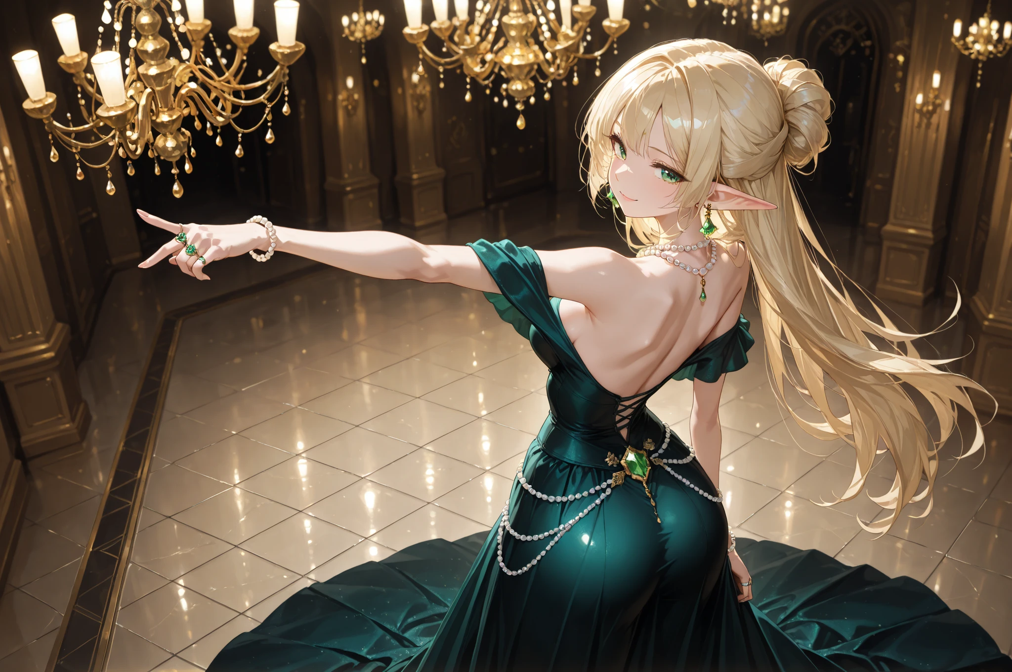 ((Masterpiece)), (high detail), elf, pointed ears, hair style(chignon), defiant smile, off-the-shoulder, glittering dress (red base), full skirt, rococo style, right hand extended. Ring on right ring finger. Pearl necklace, emerald earrings, polished marble floor, golden chandelier. from back, cowboy shot