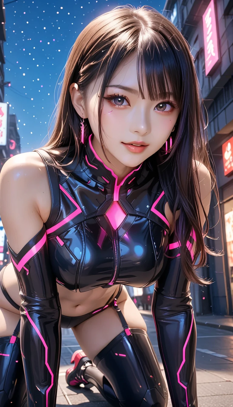 top-quality、​masterpiece、超A high resolution、(Photorealsitic:1.4)、Detailed CG image quality、女の子1人、(sad Facial expression:1.4), 13years, Black hair、glowy skin、1 girl in、((super realistic details))、portlate、globalillumination、Shadow、octan render、8K、ultrasharp、(Colossal tits)、Wearing a futuristic idol costume、Wear a see-through hooded coat in seven colors、Loose trousers、The abdomen is exposed with raw skin、(Hard erection:1.4)、( looking upwards:1.4), (Using a smart device), Futuristic glowing accessories、Mechanical Hair Ornament、highly intricate detail、Realistic light、CGSoation Trends、a purple eye、radiant eyes、Facing the camera、neon details、Running、head phone、Small LED lamp、Bokeh background, purple color lighting, Background of the Tokyo of the Future、