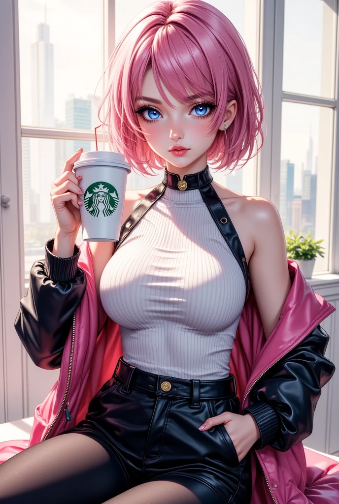 ((Highest quality, 8k, masterpiece :1.3)), (Sharp focus :1.2, Beautiful woman with perfect figure :1.4, Slim Abs :1.2), ((Big Breasts, Emphasize cleavage, The underboob is visible:1.3)), (Photorealistic:1.4), (realistic:1.4), (Pink Hair:1.5), Highly detailed face and skin texture, Fine grain, double eyelid. Makeup face, A little bit of lipstick, sex appeal, Sexy gravure pose, ((Red sweater and blue skirt、The background is a cafe、A high school girl smiling while holding a cup、watch。:1.3)