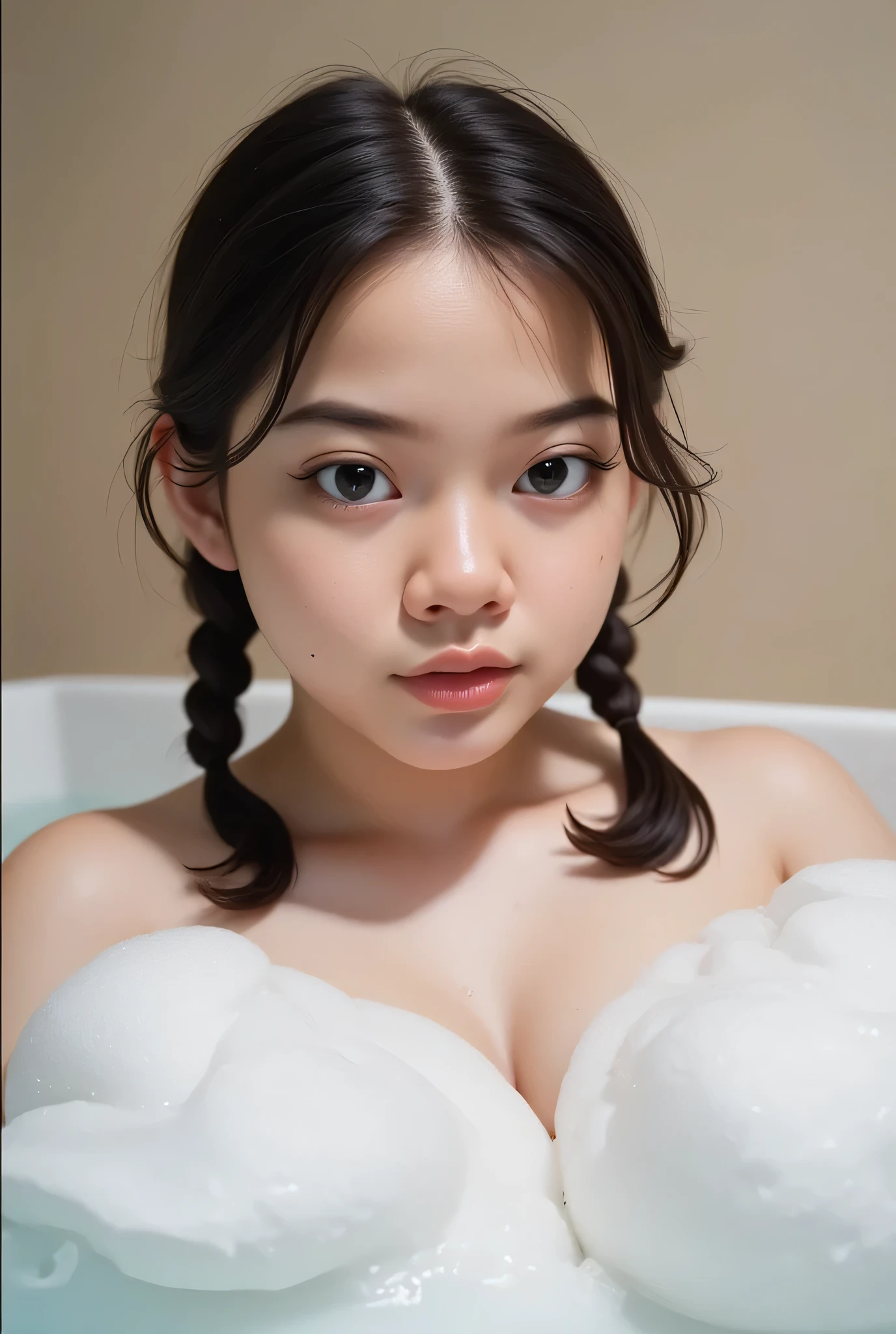 Chubby cheeks, chubby cheeks,The facial reaction is very gloomy and sad, CREATE ANIME CARTOON 3D PHOTO, "A highly realistic, ultra-detailed portrait of a woman relaxing in a bubble bath, captured in the best settings of a SONY A7R with a fast prime lens (f/1.8). The scene features a minimalist bathroom with soft, natural lighting, emphasizing the subject's smooth skin, delicate facial features, and the dynamic texture of the foam. Hyper-detailed textures, cinematic lighting, and a sharp focus create an immersive depth. 32K resolution, photorealistic rendering, skin pores and water droplets visible, ultra-sharp image, professional photography style." Wajah KELIHATAN muram Dan sedih, Two braids , chubby cheeks hairstyle Left and right, Mandi bersama seorang PAKCIK sangat Tua