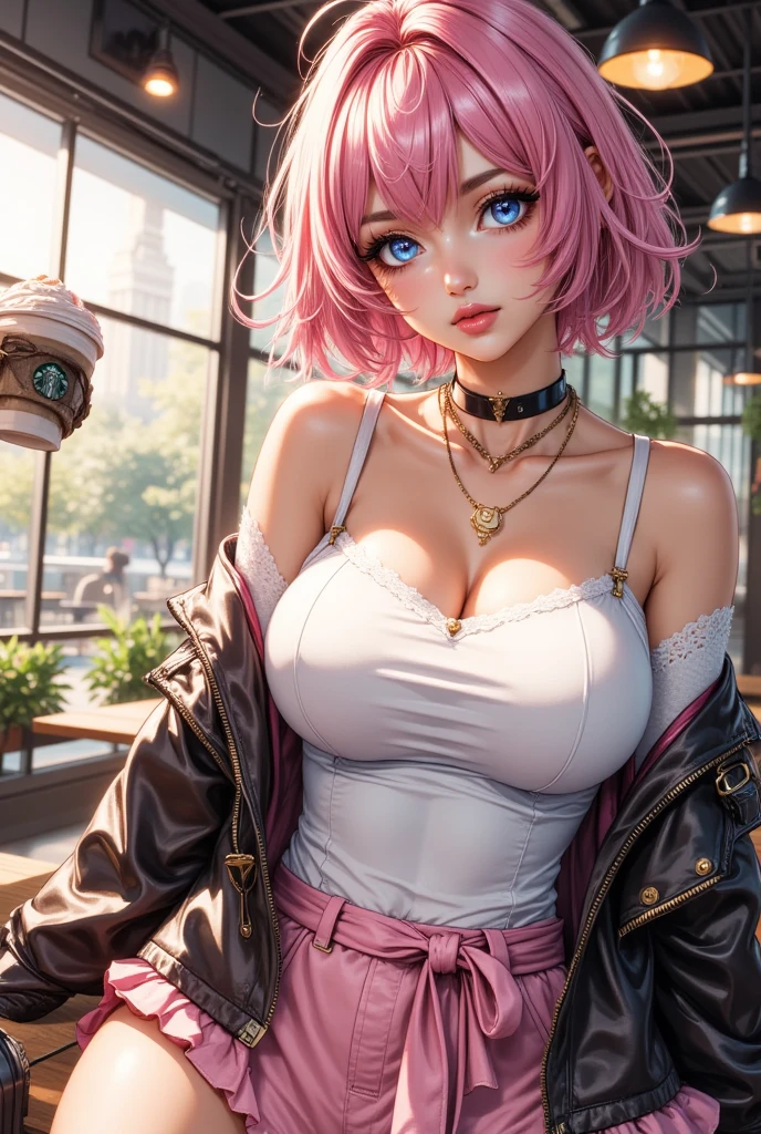 ((Highest quality, 8k, masterpiece :1.3)), (Sharp focus :1.2, Beautiful woman with perfect figure :1.4, Slim Abs :1.2), ((Big Breasts, Emphasize cleavage, The underboob is visible:1.3)), (Photorealistic:1.4), (realistic:1.4), (Pink Hair:1.5), Highly detailed face and skin texture, Fine grain, double eyelid. Makeup face, A little bit of lipstick, sex appeal, Sexy gravure pose, ((White T-shirt and pink mini skirt、White Sandals、Sexy pose with a bold open chest at the cafe。Necklace as accent、Provocative look。:1.3)