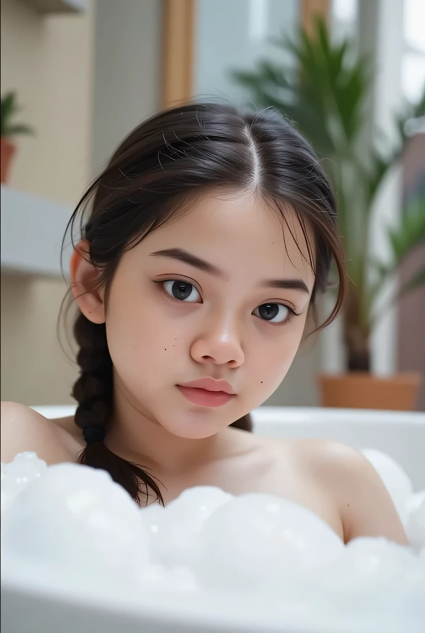 Chubby cheeks, chubby cheeks,The facial reaction is very gloomy and sad, CREATE ANIME CARTOON 3D PHOTO, "A highly realistic, ultra-detailed portrait of a woman relaxing in a bubble bath, captured in the best settings of a SONY A7R with a fast prime lens (f/1.8). The scene features a minimalist bathroom with soft, natural lighting, emphasizing the subject's smooth skin, delicate facial features, and the dynamic texture of the foam. Hyper-detailed textures, cinematic lighting, and a sharp focus create an immersive depth. 32K resolution, photorealistic rendering, skin pores and water droplets visible, ultra-sharp image, professional photography style." Wajah KELIHATAN muram Dan sedih, Two braids , chubby cheeks hairstyle Left and right, Mandi bersama seorang PAKCIK sangat Tua two people