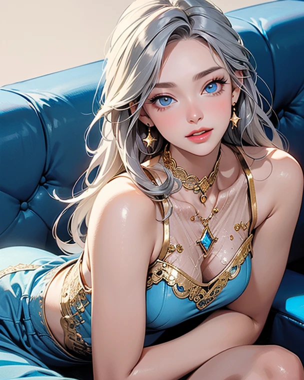 （lifelike， high - resolution：1.3）， 1 girl with a perfect body，slender body, Super fine face and eyes，assasin, dark makeup, shiny skin，white hair, (jungle bikini, animal print micro bikini)，Expose cleavage, (bracelets, tooth jewelry, a lot of necklaces, very long necklaces, necklaces down to stomach, body chains, waist chains), leaning forward, v arms

