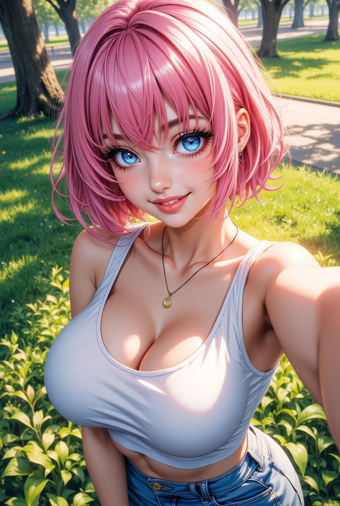 beatiful women, eyes blue, expressive eyes, looking at viewer, long sleeves, necklace, sexi smile, short pink hair, pretty face, latina facial features, medium breasts, digital illustration, comic style
