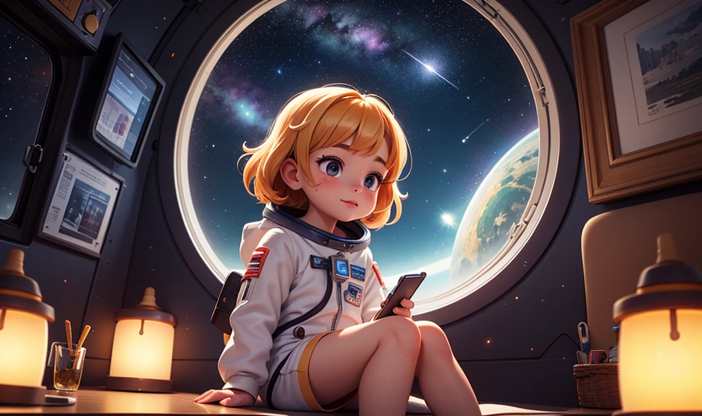 galaxies, rocket, planets, stars, cute art. digital art. cozy calm, detailed