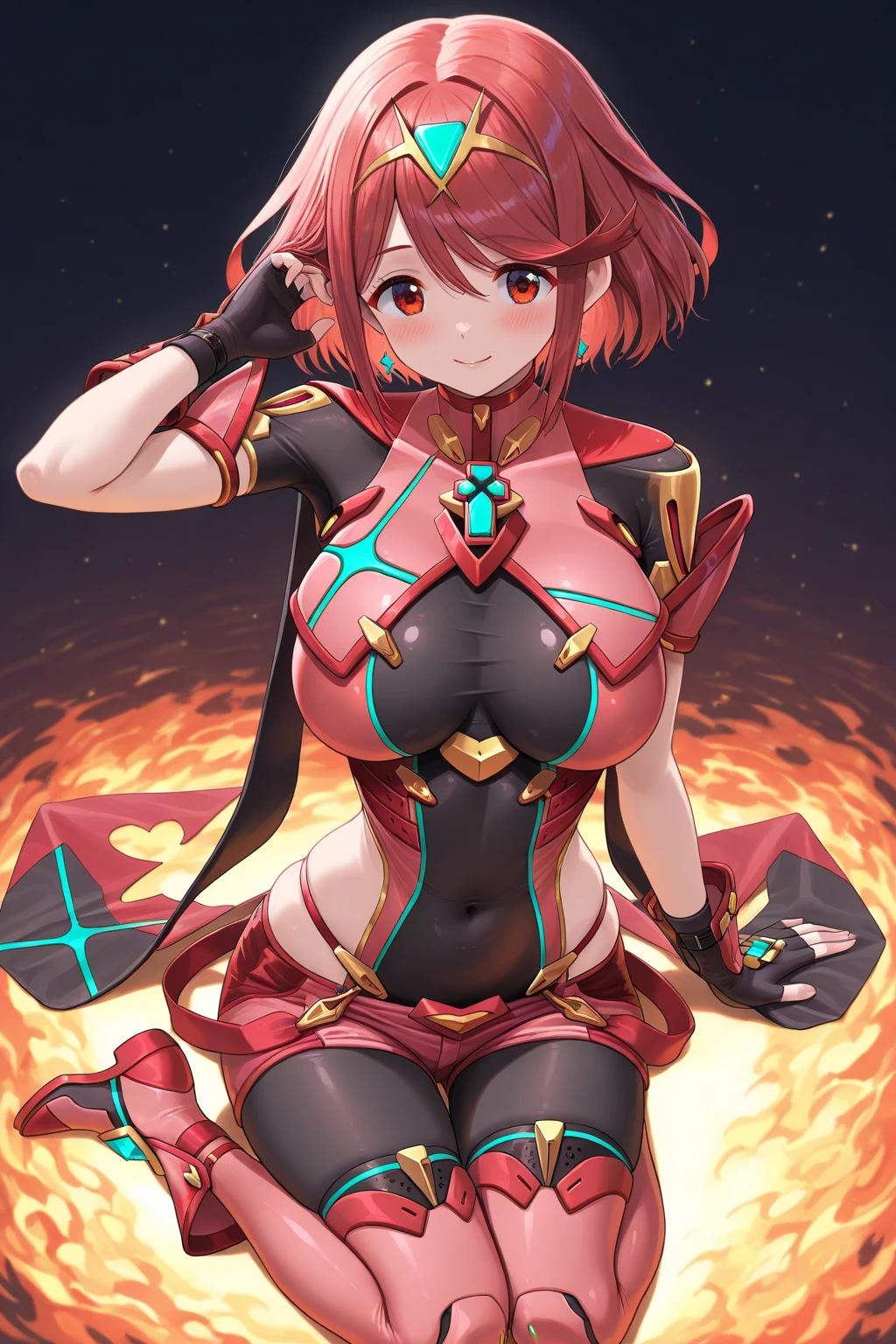 pyra \(xenoblade\), teen_1girl, loli, bangs, black gloves, breasts, red eyes, shout, earrings, eyelashes, fingerless gloves, floating hair, , gem, gloves, hair ornament, headpiece, jewelry, big_breasts, leaning back, swimsuit, neon trim, official art, pose, red hair, saitou masatsugu, short hair, sidelocks, skin tight, solo, swept bangs, thighhighs, tiara, fantasy_town_background, underbust, xenoblade chronicles \(series\), (xenoblade chronicles 2), (spread_legs:1.1), fire_effect,dynamic_pose,fighting,light_smile, (plump:1.1), big_ass,huge_sword, hold_large_sword_hilt, covered_nipples, covered_pussy, fists,ponytail,beautiful_fingers,(solo:1.1), bare_shoulder,(shoulder_naked:1.2)