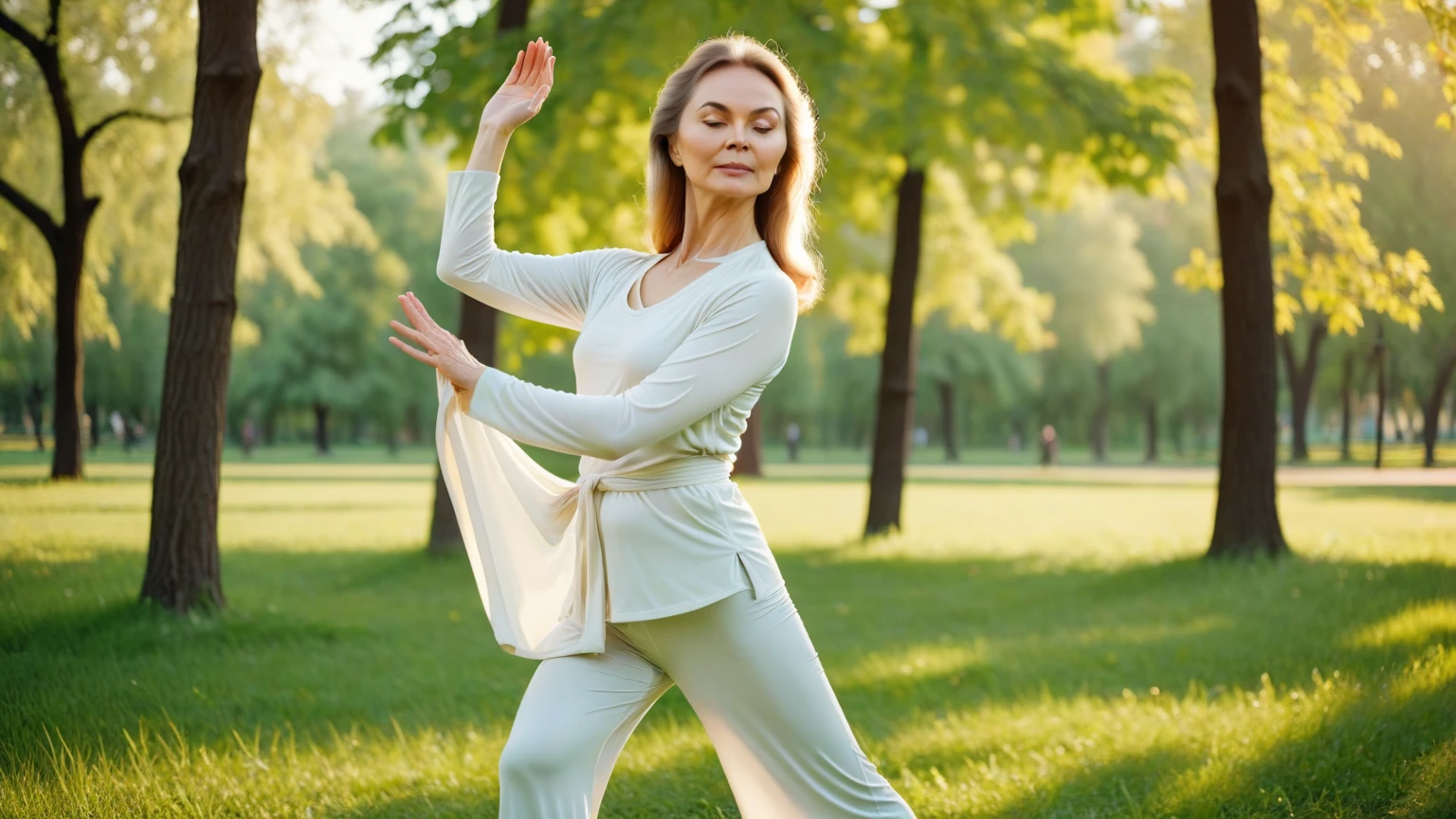 Image of a woman wearing a white tshirt sitting in a meditative pose in nature