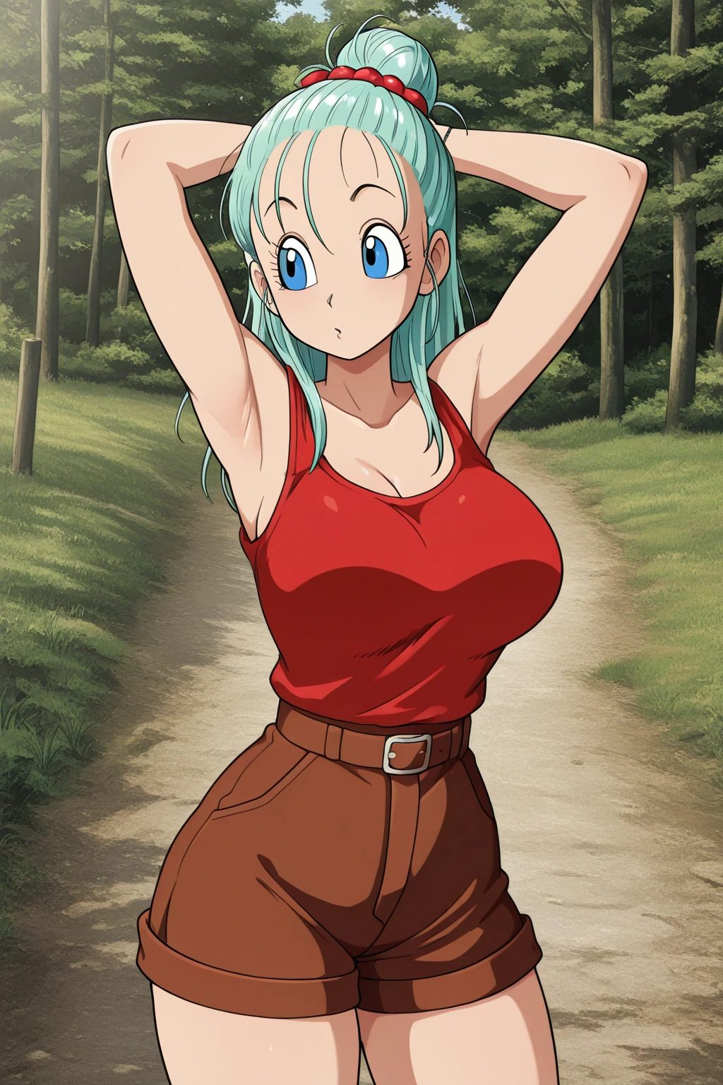 score_9,score_8_up, score_7_up,source_anime.superior,from below,face below view,straight-on. Dutchangle, (Insect's Eye).,, masterpiece,bestquality, Highest quality, (mature:1.2) ,1girl, Outdoor, Green Eyes, Orange Hair, , Yellow Shirt, Sleeveless shirt,belly button, Denim shorts, suspenders, Captivating look, (slender), delicate curves, ,(shirtlift,under_boob),(superfineillustration,finely detail),(absurdres),(arms up,behind back),stretching,sweat,wet,,(1990s_(style))