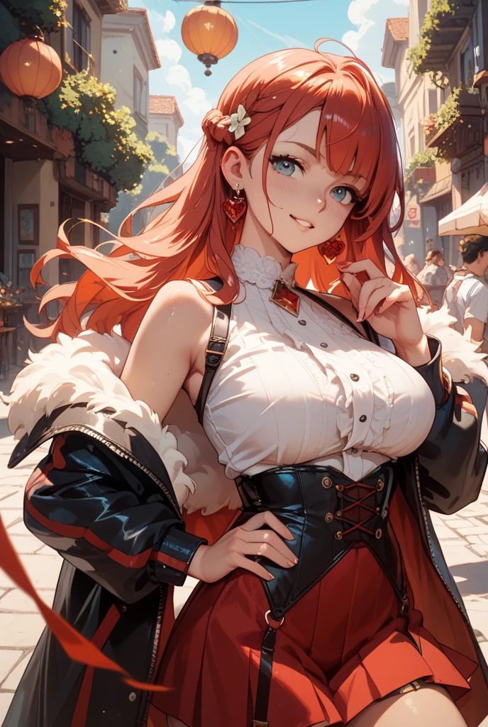 (Masterpiece, Best Quality, High Quality, Highres:1.4), Detailed, Extremely Detailed, Ambient Soft Lighting, 4K, Ornate,

Street snap, looking at viewer, camera flirting, cute pose, vignette photography, (Renaissance, Vintage:1.4), Plants, shops,

1Gril, (Solo:1.4), (Milf:1.2), Standing, Upper Body, (Face Focus:1.2),

(Extremely Detailed Hair:1.2), red Hair, Long Hair, Long Sidelocks, Bangs, (Hair Intakes), (detailed hands:1)

Expressionless, Emotionless, (gray Eyes, Glaring, Contempt, Disgust, Looking at Viewer:1.2),

(clear clothing, transparent cloth, see-through material:0.8), (red hair, freckles, big breasts:1.3),

(Tiara:1.2), Crown, (Cleavage, Strapless, Red Dress, Frilled Dress, Long Skirt, Puffy Skirt, Puffy Sleeves, Juliet Sleeves, Long Sleeves:1.2), (intricate nipple pasties:1.5), (bare chest:1.6), gold Jewelry, gold earrings, detailed face