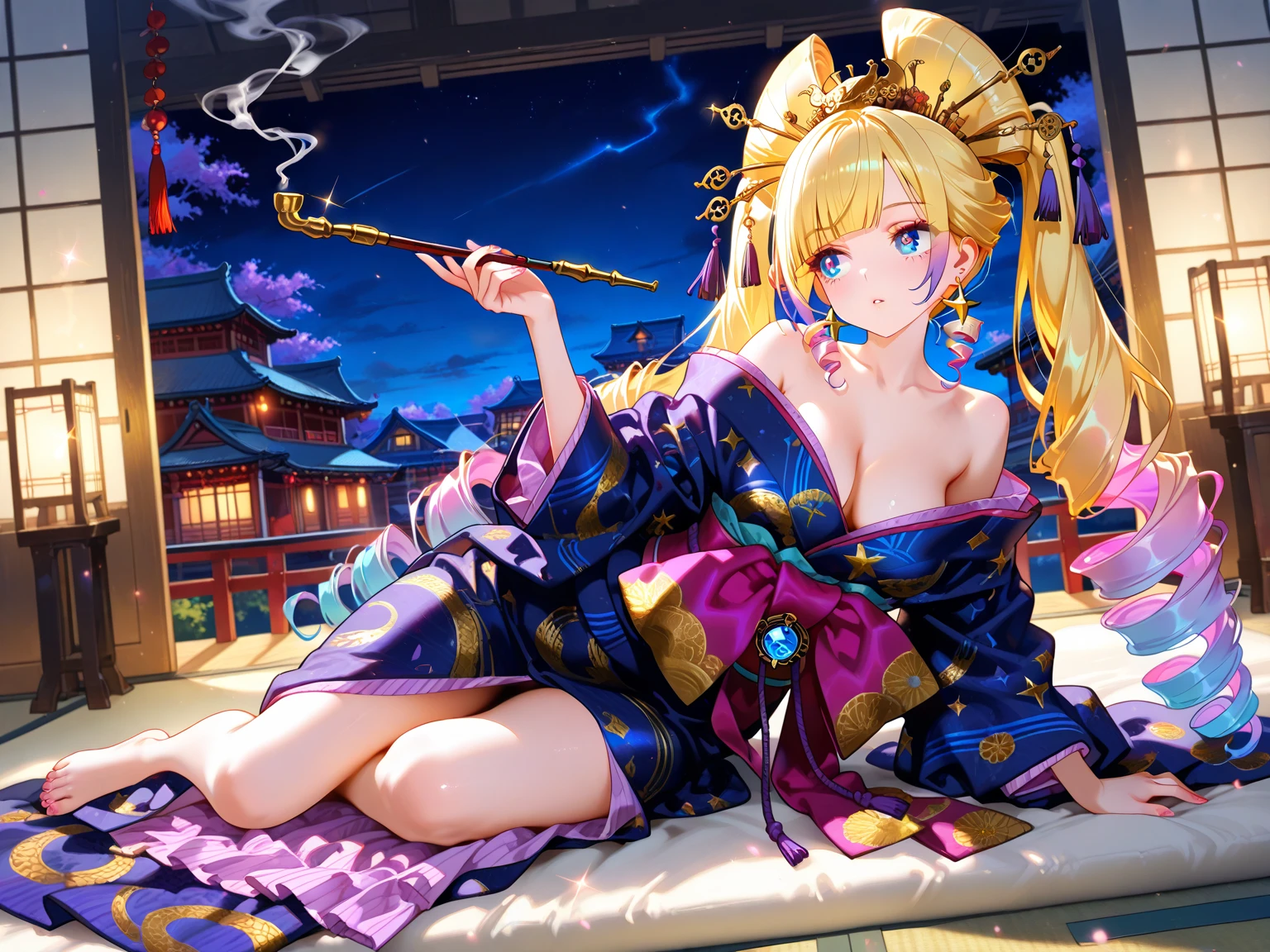 1 female with blonde ponytail, beautiful detailed eyes, blue eyes, wearing white and pink floral patterned kimono. Sitting at a table with Tarot cards and crystal ball, enormous boobs, large breasts, (CLEAVAGE), open kimono, bare shoulders