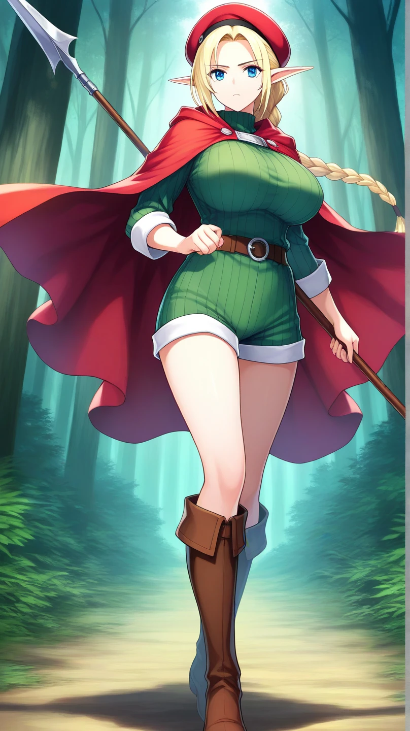 (Masterpiece, Best Quality, 1girl:1.2, 独奏:1.3), adult Lyubava, Milf, in stockings, cleavage, Flirting, evil, стерва. Smile, Long hair, Green eyes, brown hair, braid, ((Little Red Riding Hood with yellow circles)), headdress, Latex dress with red trim, white sleeves, blush stickers, freckles, Sunlight, large breasts, big thighs, thights, Dress, blue skies, green grass, action pose, TITTIES, big breastes, nipples are visible, transparent dress, Little clothes, shoulders visible, big breastes, Ass