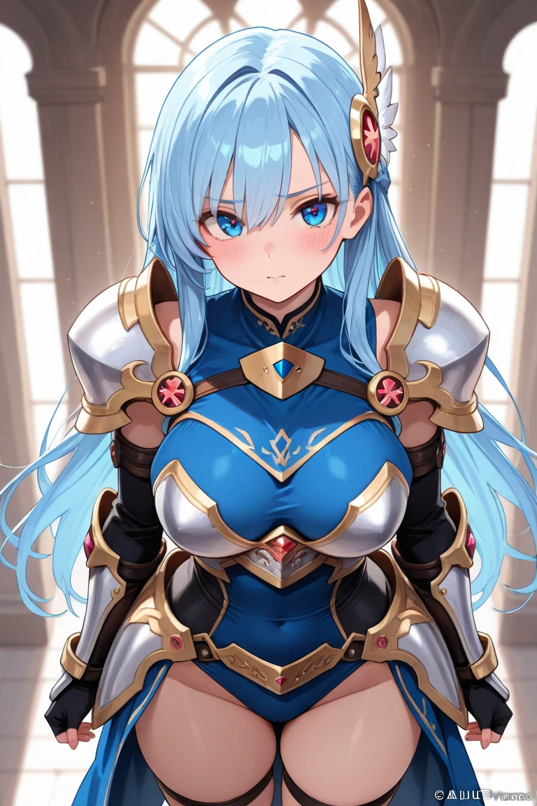((highest quality)), ((masterpiece)), 1girl, ((thicc)), ((skindantation: 1.2)), perfect face, ((Langrisser)), ((paladin)), ((skin-tight turquoise green leotard: 1.4)), ((breastplate)), ((skin-tight black Investigator Bodystocking)), ((Armored Dress)), ((shoulder armor)), ((long coat cloak)), gauntlet, (gloves), ((white hair straight long hair)), ((large breasts)), (pantyhose thighs), (thigh-high boot), (white high heel boots), cameltoe, beautiful blue eyes, Perfect hands, perfect fingers, prepare a sword