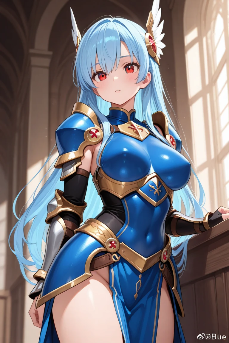 Super detailed anime, masterpiece, best quality, 1 beautiful female knight girl wearing skimpy armor, blue bikini armor, (Navel armor:1.5), ( super low-rise metallic armor slit micro miniskirt:1.5), microminiskirt made of thin iron plates,(super low-rise:1.5), Hiphugger, (no panties:1.5), nipples made of thin blue iron, nipplecover made of thin blue iron, cleavage, (underboobs:1.4), sideboobs, blue shoulder armor, revealing clothes, blue metallic armor headwear, large breasts, blue long hair, bangs, thighs, (pussy:1.2), NSFW,big boobs slutty, midrif, smile, holding and swing a magic sword