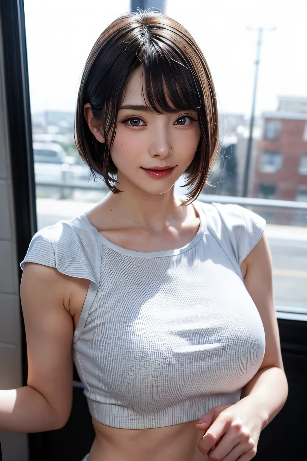 ((top quality, 8k, masterpiece: 1.3)), pretty woman with perfect figure: 1.4, (big breasts: 1.2), highly detailed face and skin texture, detailed eyes, high school student, uniform, blouse, mini skirt, (pose at school: 1.2), 1girl, cinematic, full body, goddess of Japan, short hair, brown hair, smile, there are students, people are watching, waist wriggling poses