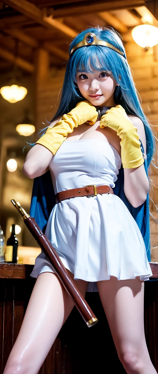 masutepiece, Best Quality, Ultra-detailed, Live-action adaptation, sage_(DQ3), 1girl in, (holding A staff, A staff:1.3), Solo, Long hair, Blue hair, circlet, Red Eyes, Normal udder, yellow gloves, White Dress, Belt bag, Cape, long boots, cleavage, Bare shoulders, Underwear, Full body, tussock, wind lift,  Background, white Background、