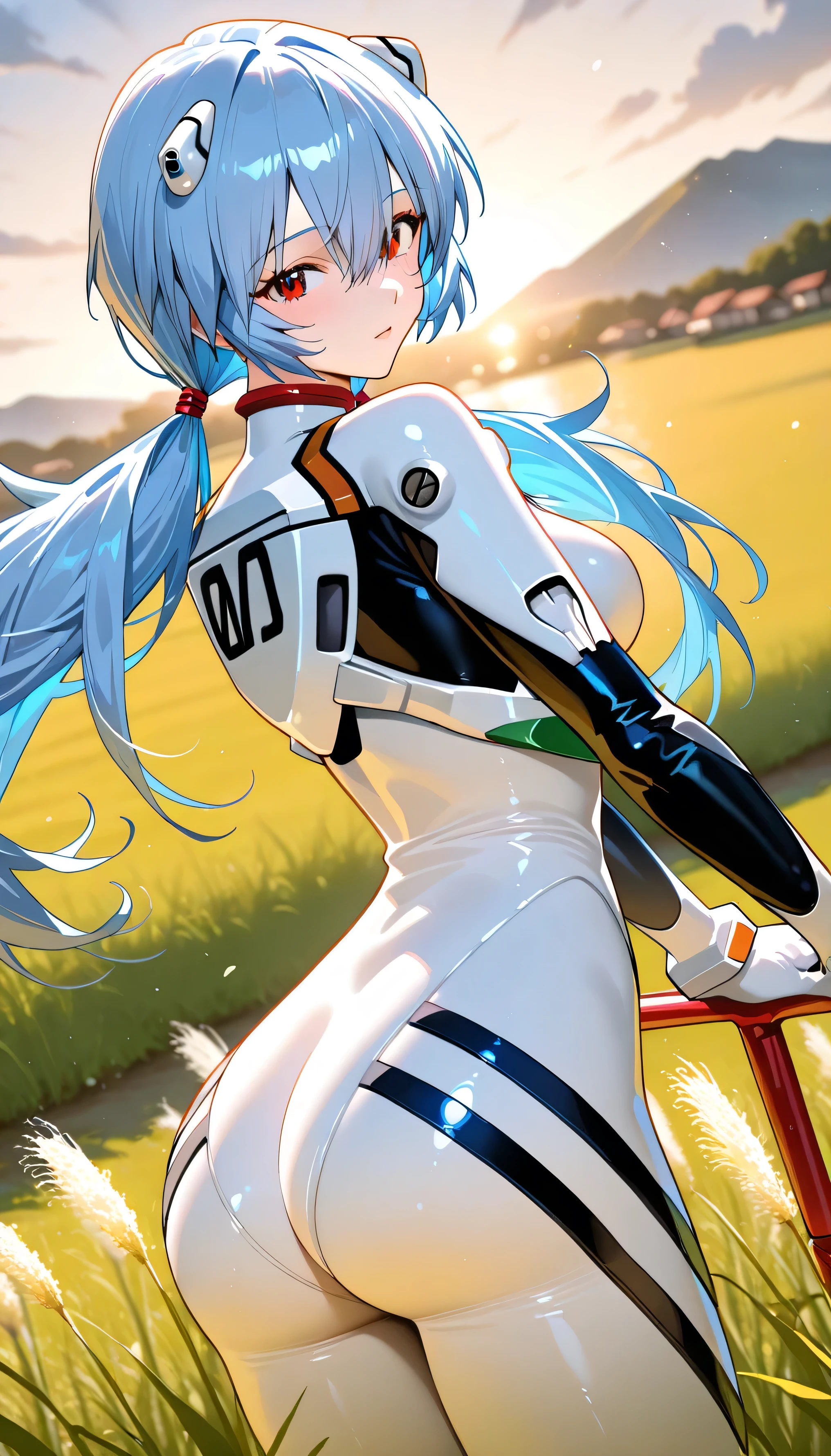 ayanami rei \(evangelion\),(2girl:1.4),(beautiful girl: 1.3),1girl,masterpiece, Highest quality, Ultra-high resolution,rich contrast,super high quality,8k,Highly detailed CG unit wallpaper,texture,Incredibly absurd,Ultra-high resolution,RAW Photos,Depth of Field 1.2,A village mountain with swaying silver grass at sunset,long hair,low twintails,Big and round beautiful ass,A field of silver grass