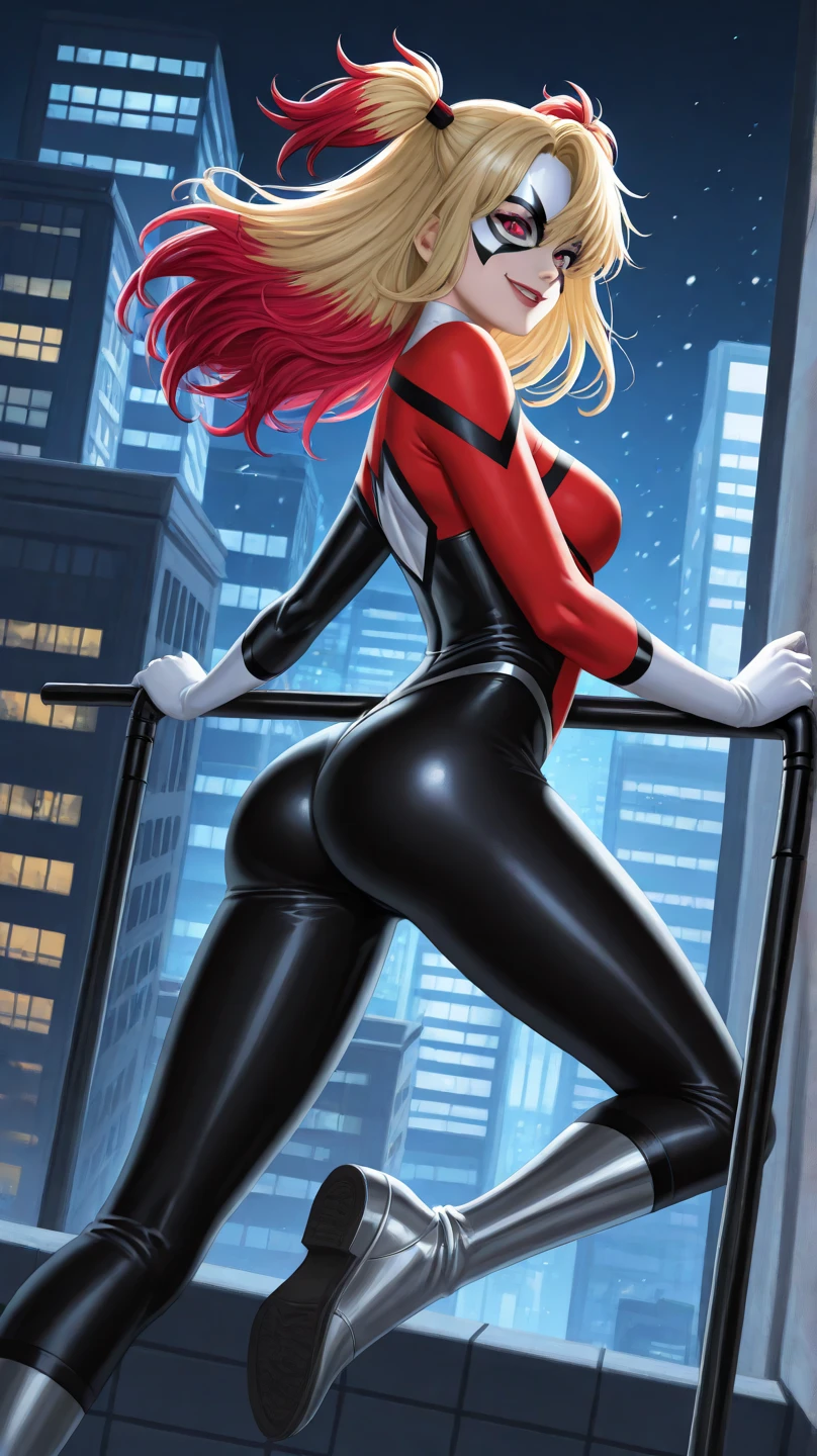 masterpiece,(masterpiece, top quality, best quality),1girl, solo, platinum blonde hair, belt, hand on hip, holding, large breasts, red and white bodysuit, choker, supergirl jumpsuit, simple background, looking at viewer, smile, bodysuit, medium short hair, cowboy shot, bangs, standing, lips, closed mouth, brown eyes, medium hair, center opening,