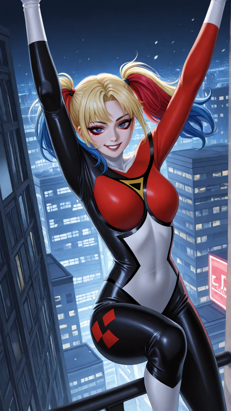 a woman wearing a blue tie, red skirt, white shirt, red suit jacket, red wide fit platform high heels, blonde hair in a ponytail, bimbo look, red lips, pantyhose, office setting, photorealistic, detailed, high quality