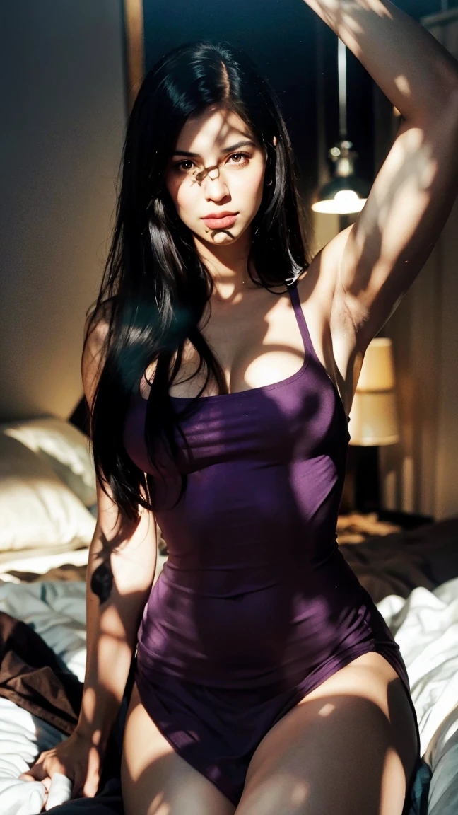 Create me a realistic woman who has long purple hair.., Ella debe ser delgada y con caderas grandes.., Small and small waist, pechos redondos, she should have a sexy look, labios definidos, con un traje sensual, ponle una blusa con escote bajo. Que tenga un vestido rojo