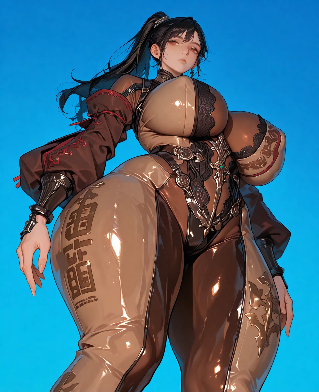 A girl，cheongsam，Restaurant waiter，中式黑色cheongsam，High slit，Ball Head，Dark Magic, Dark Forest, negaive energy, hell, Blank, Star, Black Hair,A girl跪着，photo，Unreal Engine 5 Photorealistic Rendering,(cover comic magazine:1.6)，game character, Role Player, Standing on Kyoto Castle, Pretty Face, Arm tattoo，Chest tattoo，ace of spades，Belly tattoo，Body hyperreality，thick muscles，Excellent!! Types with bobelon, Big Case, Nourishes and brightens your body, Black short hair，black latex suit，Put your hands behind your back，Sit in your seat，Chinese restaurant，business attire，Heart-shaped，Black garter belt，side view，Perspective Distortion
