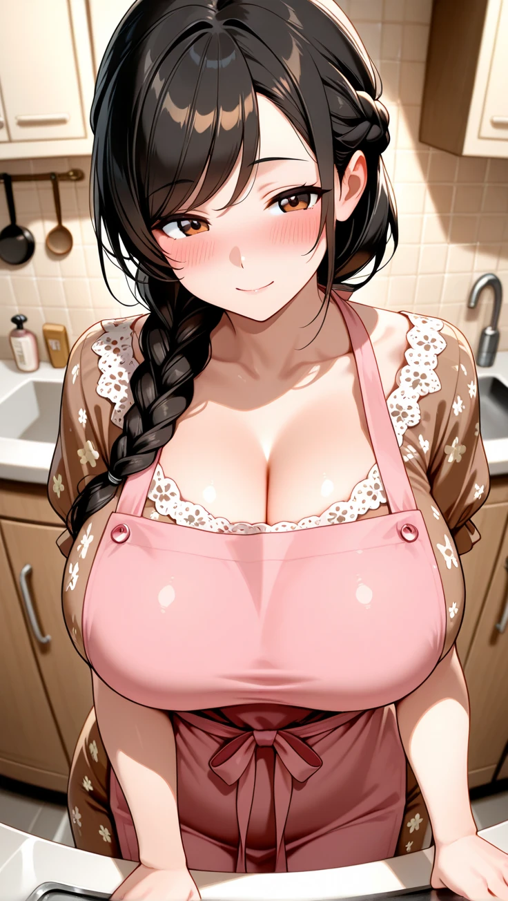 Female 26 years old，housewife，Sunlight，Smile，put on lipstick，light brown short curly hair，Tie a ponytail on the left side，Slightly plump，half moon earrings，Close-up photo of face，Home apron，Huge Breasts，There is a mole at the corner of the mouth，Gold necklace，Round neck white top