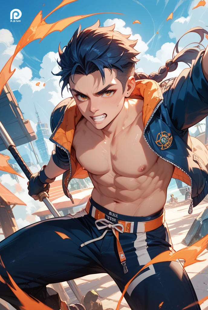 3boys, action pose ,cuteboy ,young, skinny toned ,(tight Blue/Gold Tiny Thong_underwear), penis_bulge, pantless, blushing, Huge Erected penis,erection under cloths