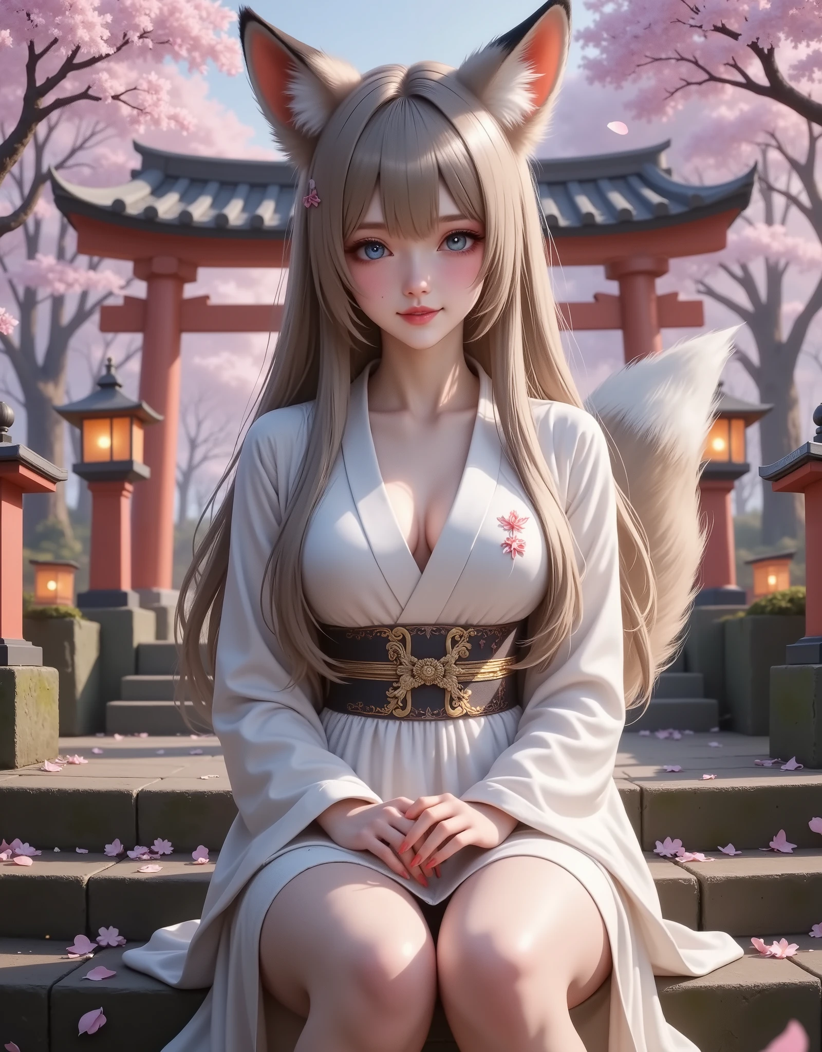 (masterpiece), (best quality), realistic, photorealism, 1girl, beautiful girl, perfect face, perfect body, sexy, girl with fox ears, smile, Hanfu