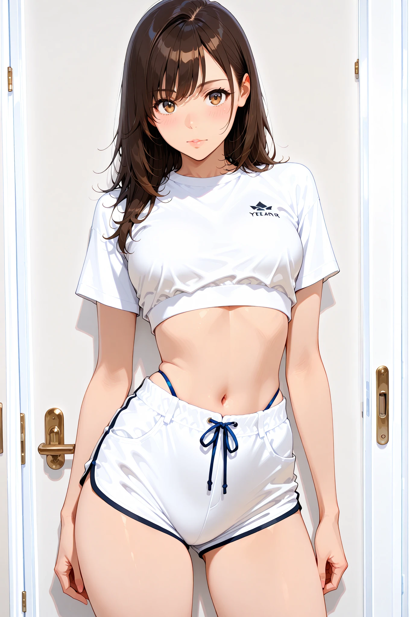 ((masterpiece, best quality)),((highres:1.2)), 1 Girl, solo, Blurred Background, (((Small breasts))), Thighs, (Stripe underwear), Print T-Shirts,