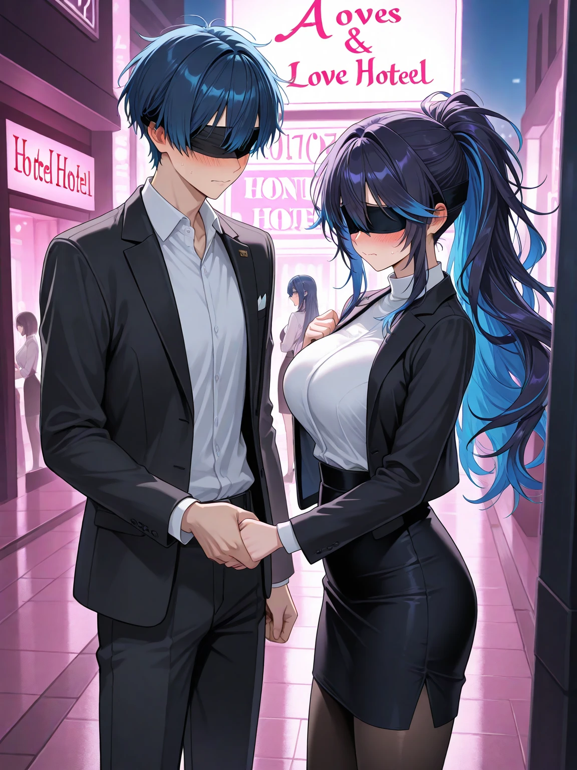 (Masterpiece, best quality, high res、highly detailed cg: 1), Create an image of a man being led by a prostitute through a hallway in a brothel. The man’s face should not be shown, and his clothing should be plain and unremarkable. The prostitute should be dressed in typical revealing attire, characteristic of her profession. The setting is a dimly lit hallway inside a brothel, with the prostitute holding the man’s arm as they walk. The prostitute should have a sly, smirking expression on her face, while the man's body language should convey hesitation and indecisiveness. Twin_Turbo_Umamusume, aqua hair, twintails, heterochromia, purple eyes, blue eyes, sharp teeth,hores tails, nsfw, 1faceless male