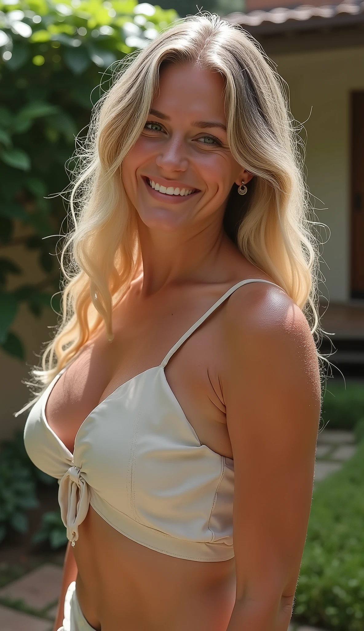portrait of a female, with long blonde hair, fit body, gorgeous look, she stands confidently, attractive, gorgeous beauty,wearing a blouse and shorts, showing some cleavage, head tilted with a big smile,in the garden. des pores de la peau, un iris complexe et détaillé, un éclairage très sombre, des ombres lourdes, détaillé, visage détaillé, (vibrant, photoréaliste, réaliste, dramatique, sombre, mise au point nette, 8k), (complexe), (très détaillé), peinture numérique, rendu octane, artstation, concept art, lisse, mise au point nette, illustration, art par artgerm, (loish), wlop ilya kuvshinov., (éclairage global, lumière de studio, lumière volumétrique)