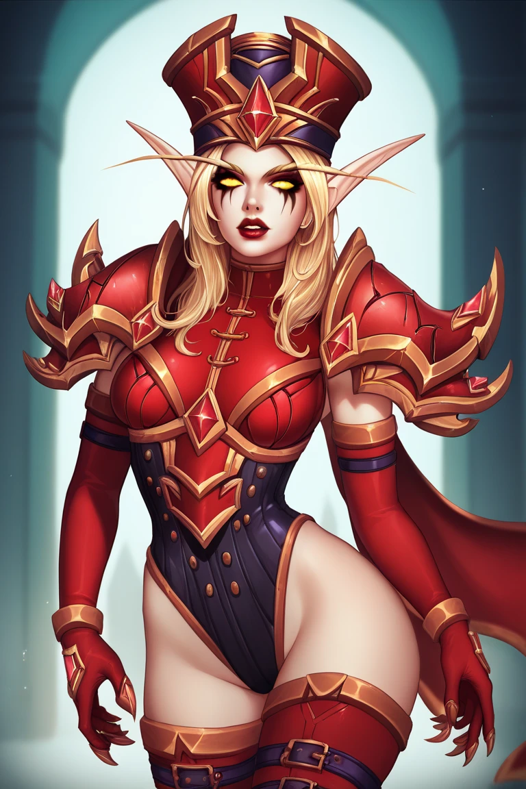 award-winning professional and full body pose realistic photo of beautiful red eyes, sylvanas_windrunner, sylv-lora, 1girl, elf, solo, sylvanas_windrunner as a alien warlord, wearing shiny black rubber (Xenomorph from Alien:1.1) armour with red highlights by (H. R. Giger:1.2), fetishpunk, victorious pose, conqueror of humanity, futuristic sci-fi landscape, natural lighting, gorgeous silky hair, self-satisfied smirk, evil sadistic and malicious, arrogant expression, beautiful hands, detailed textures, sharp focus, ultra-high pixel detail, 16k RAW footage, masterpiece ears, hood, undead, colored skin, navel, glowing eyes, large breasts:2.0, blue skin, cleavage, glowing, quiver, shoulder armor, blonde hair, masterpiece, best quality,
The artwork will have a professional and polished look, with sharp focus and ultra-fine painting details. The use of HDR and studio lighting will further enhance the realism of the scene. The overall style of the artwork will be influenced by concept artists, combining elements of science fiction and dystopia. The final result should be a masterpiece that captures the essence of "Aeon Flux" and portrayal of the red eyes, sylvanas_windrunner, sylv-lora, 1girl, elf, iconic character.